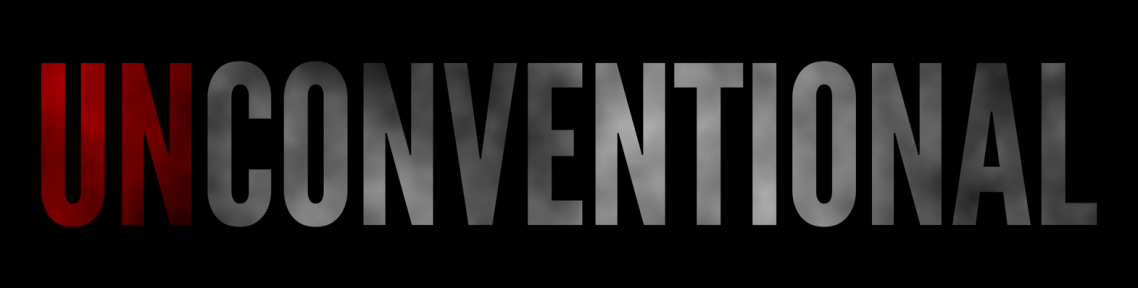 Communauté Unconventional Texte en gras "UNCONVENTIONAL" avec un dégradé de rouge à gris sur fond noir.
